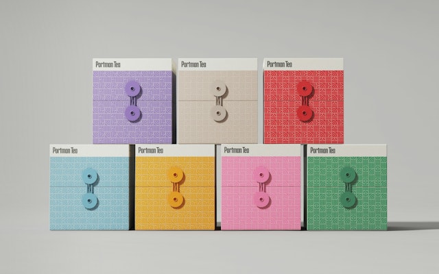 Packaging for Portman Tea, 2025. Designed with Matt Willey/Pentagram.