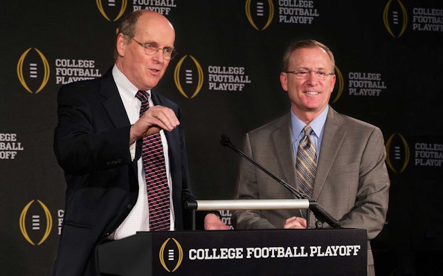 Bill Hancock and Jeff Long at the 2013 Playoff committee announcement.