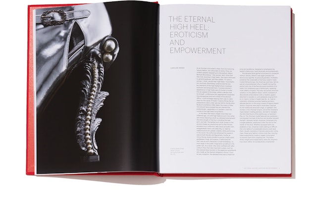 Opening spread of an essay by Caroline Weber, with a Chanel Haute Couture heel, 2010, left.