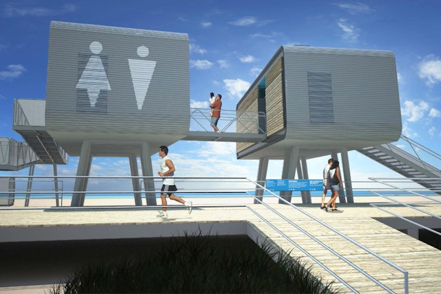 The pods contain comfort stations, lifeguard stations and other beach facilities.