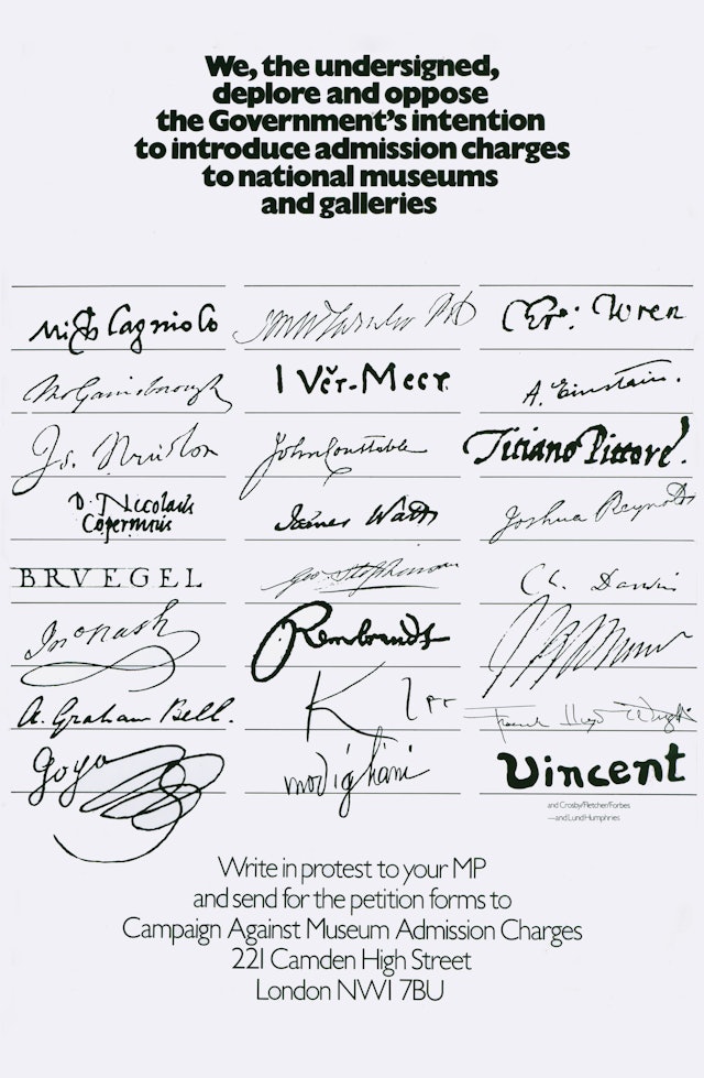 Poster for the Campaign Against Museum Admission Charges, 1970.
