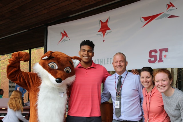 Athletic Director Keith Levinthal (blue), Liz Bolton (pink) and Headmaster Bryan Garman (fox).