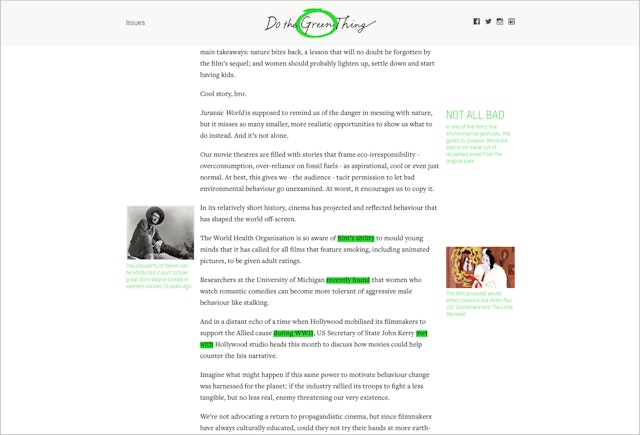 Mischievous green touches run alongside the articles