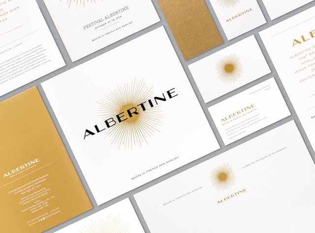 Festival Albertine brochure, letterhead, business card, promotional card, and Coups de Couer card.