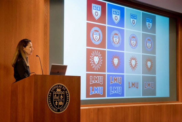 LMU's Maureen Pacino presented the new identity at nearly 40 town hall forums.