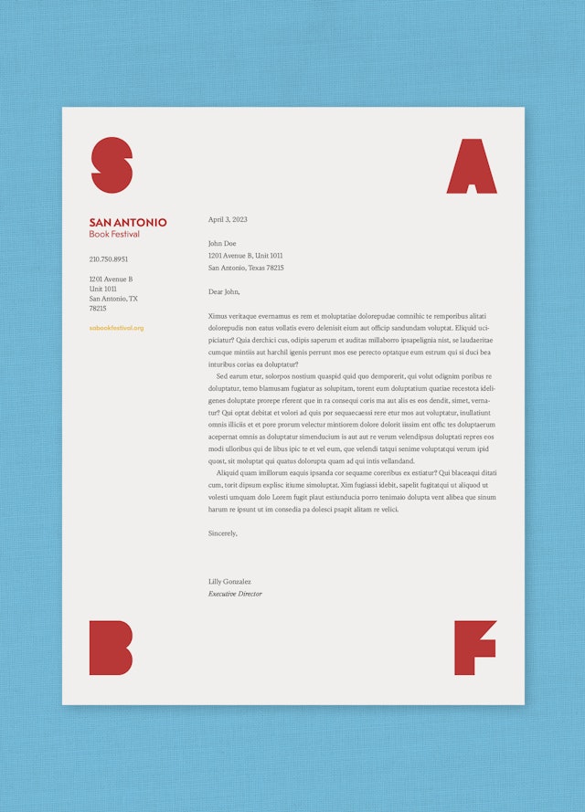 Letterhead features geometric letterforms.