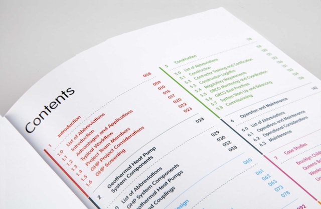 Table of contents. Each section appears in a different color.