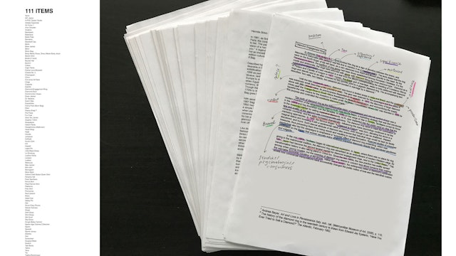 Preliminary research process for the 111 Items included in the exhibition.