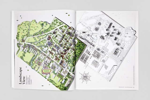 An illustrated campus map by Katherine Baxter shows development over the last 70 years.