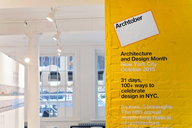 Window graphics at Archtober Hall in the South Street Seaport Culture District.