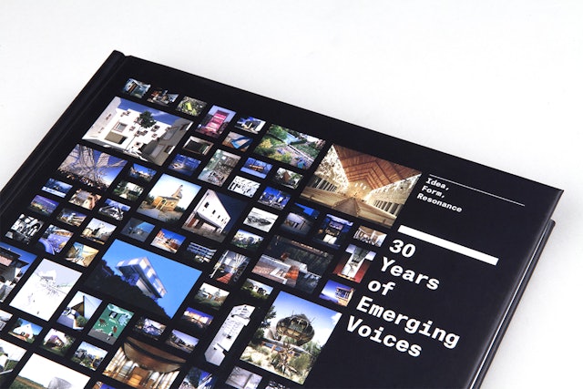 The book's cover features a pattern composed of images of projects by each of the Emerging Voices.