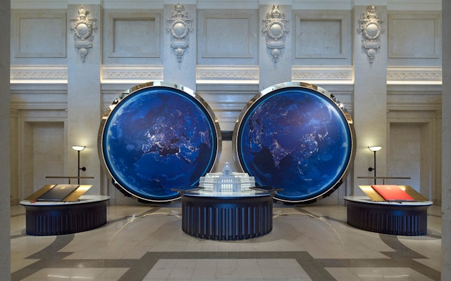To represent the meeting of East and West, the suite includes two 5m diameter images of the world