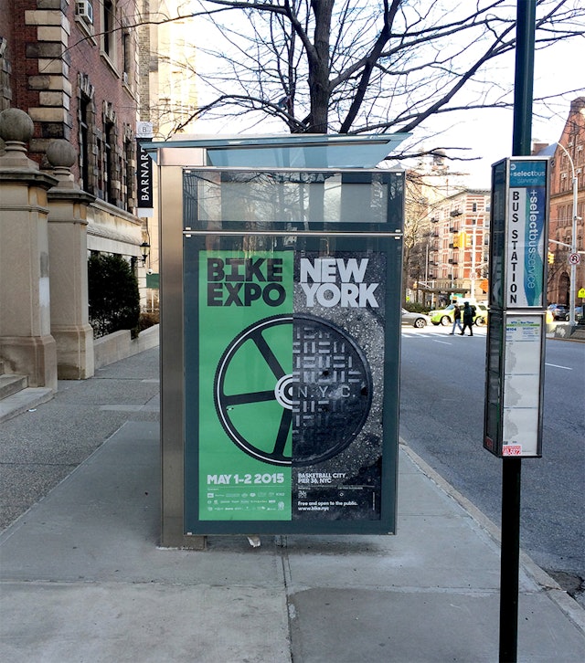 Bike Expo New York posters combine a bicycle wheel and a manhole cover.