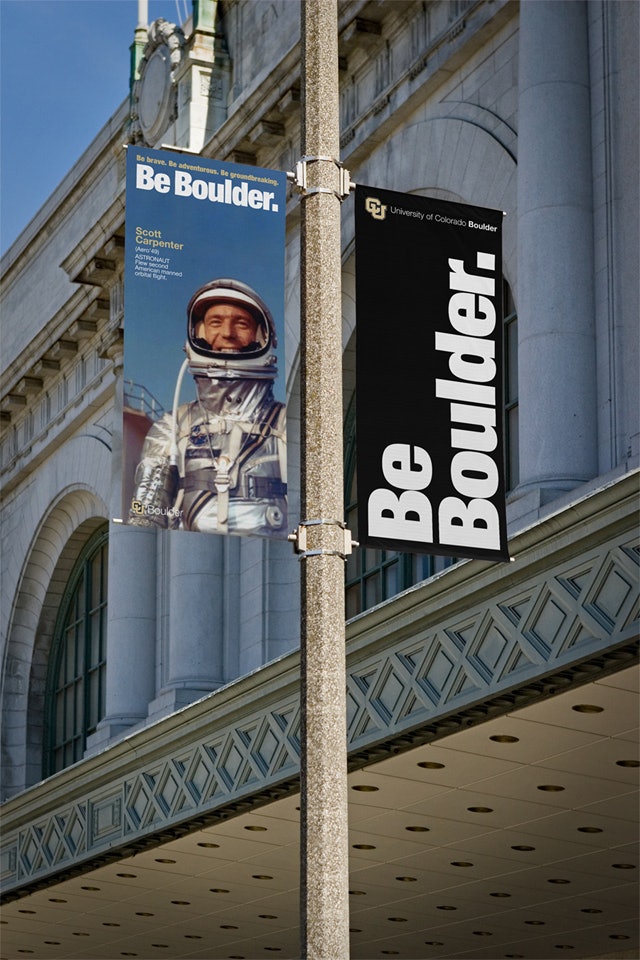 Street banners around campus featuring alum Scott Carpenter, one of the original NASA astronauts.