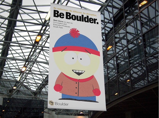 Design for a banner highlighting CU-Boulder alum Matt Stone, one of the creators of South Park.