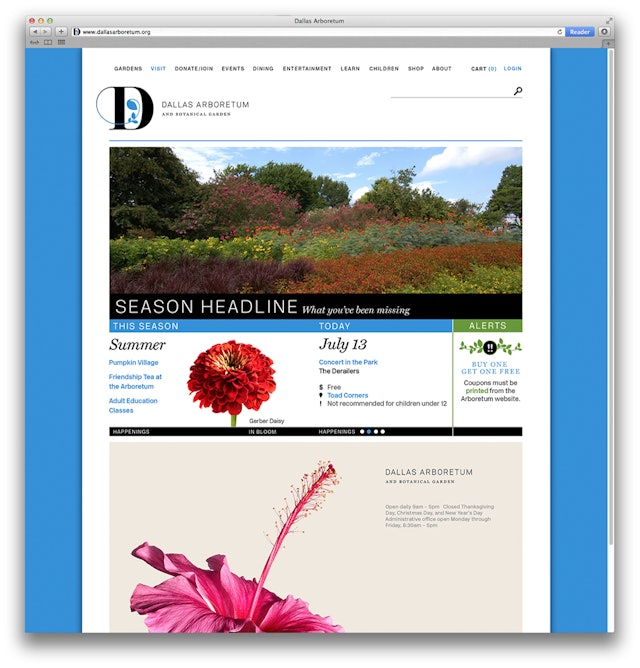 The website appears in different colors and with a different featured flower according to season.
