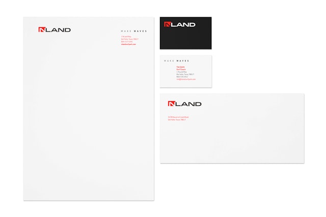 The design for NLand’s letterhead and business cards employs a combination of branding elements.
