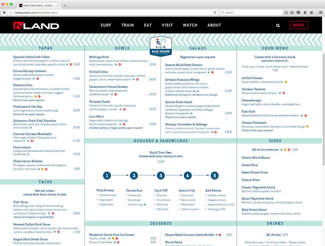 The online menu for NLand’s Blue Prairie restaurant.